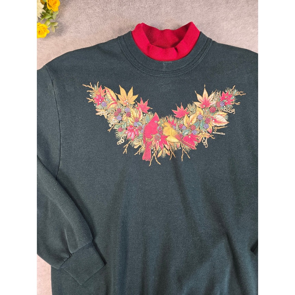 Morning Sun Vintage Cardinal Bird Sweatshirt Green Red Mock Neck Medium USA Made